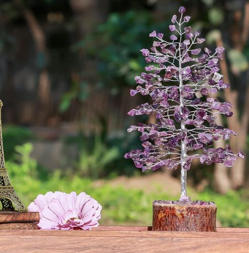 Pushkar Amethyst Crystal Tree With Silver Wire And 100 Beads 10-12 Inch